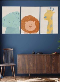 LOWHA Set Of 3 Framed Canvas Wall Arts Stretched Over Wooden Frame Kids Lion Elephant Giraffe Paintings For Home Living Room Office Decor  - Image 2
