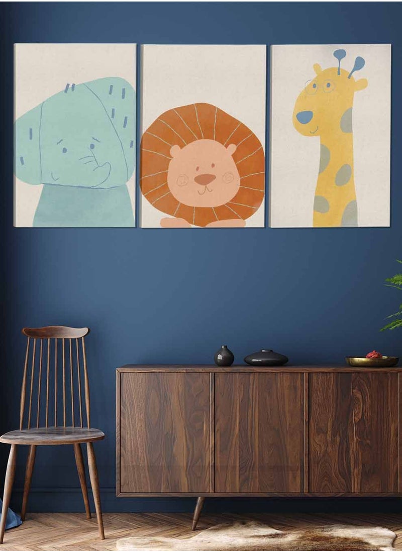 LOWHA Set Of 3 Framed Canvas Wall Arts Stretched Over Wooden Frame Kids Lion Elephant Giraffe Paintings For Home Living Room Office Decor  - Image 2
