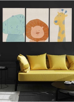 LOWHA Set Of 3 Framed Canvas Wall Arts Stretched Over Wooden Frame Kids Lion Elephant Giraffe Paintings For Home Living Room Office Decor  - Image 3