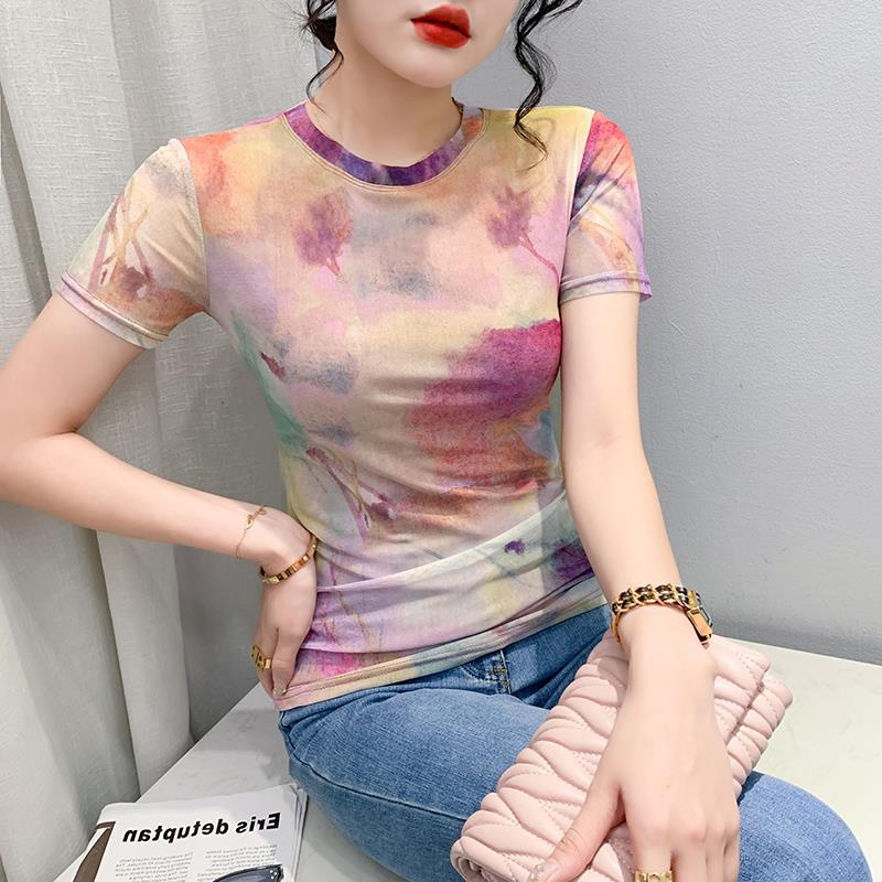 European-Style Gradient Mesh T-Shirt For Women, 2025 Summer Design, Round Neck, Slim-Fit Short-Sleeve Top - Image 3