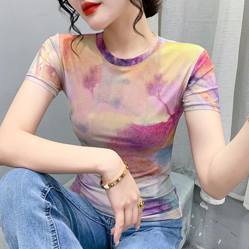 European-Style Gradient Mesh T-Shirt For Women, 2025 Summer Design, Round Neck, Slim-Fit Short-Sleeve Top - Image 2