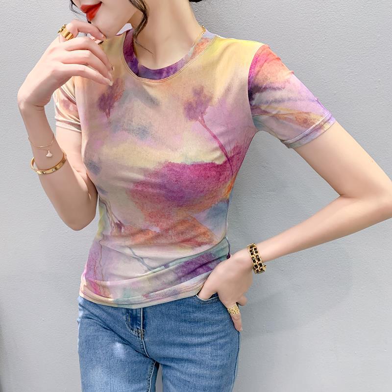 European-Style Gradient Mesh T-Shirt For Women, 2025 Summer Design, Round Neck, Slim-Fit Short-Sleeve Top - Image 1