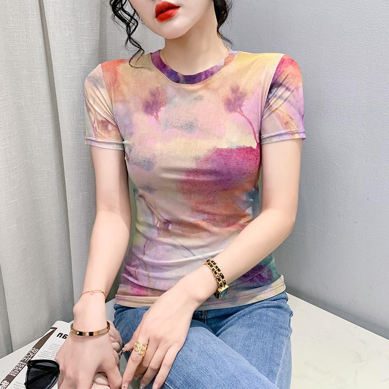 European-Style Gradient Mesh T-Shirt For Women, 2025 Summer Design, Round Neck, Slim-Fit Short-Sleeve Top - Image 4