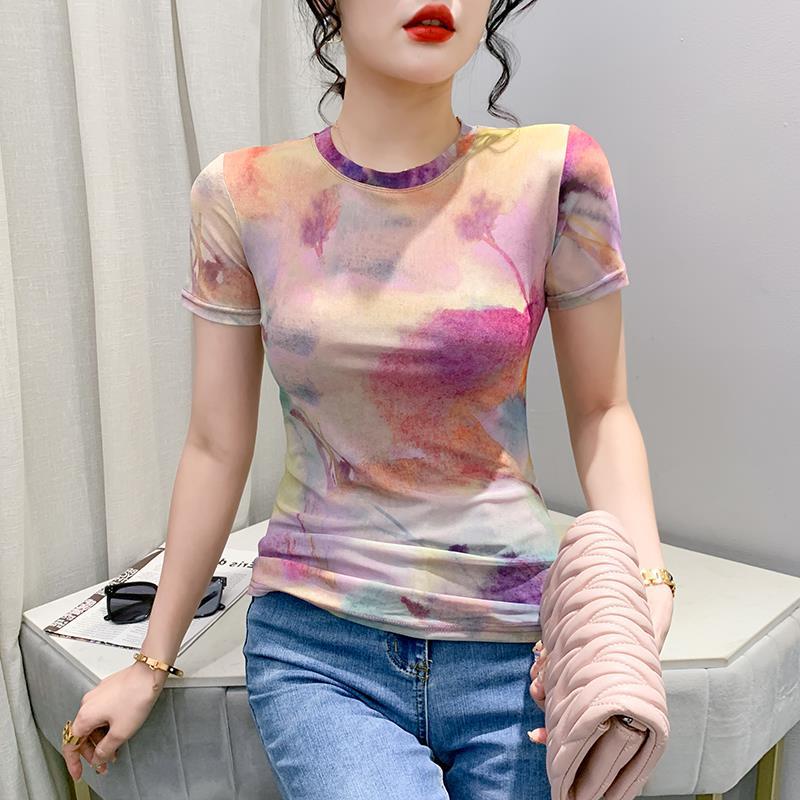 European-Style Gradient Mesh T-Shirt For Women, 2025 Summer Design, Round Neck, Slim-Fit Short-Sleeve Top - Image 5