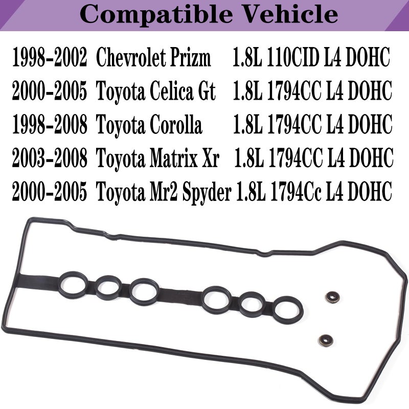 LYNSHINE VS50542R for Toyota Corolla Valve Cover Gasket Seal 1.8L& Gromets,Toyota Matrix Celica Mr2 Head Gasket Seal Chevrolet Chevy Prizm 2000 2001 2002 2003 2004 2005 2006 2007 2008 VC2024 036-1568. - Image 2
