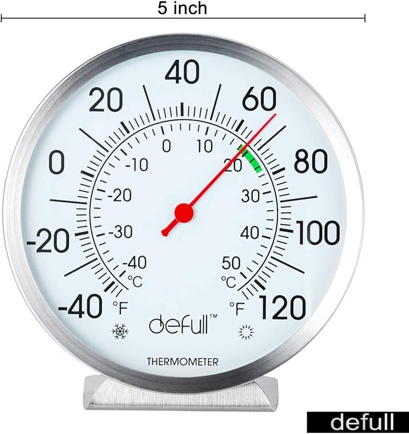 defull 5" Large Dial Indoor Outdoor Thermometer - Battery-Free, Dual Scale -40Â°F to 120Â°F / -40Â°C to 50Â°C, Stainless Steel with Wall Mount or Table Stand for Home, Patio, Garage - Image 3