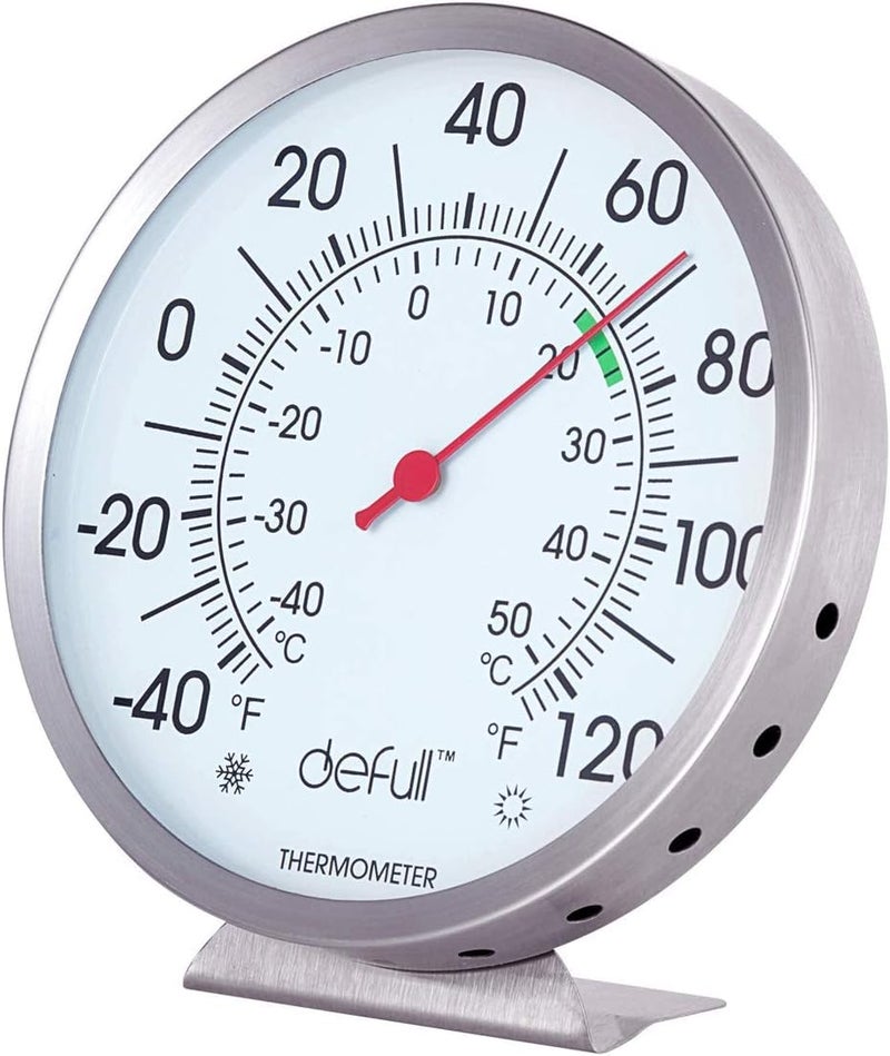defull 5" Large Dial Indoor Outdoor Thermometer - Battery-Free, Dual Scale -40Â°F to 120Â°F / -40Â°C to 50Â°C, Stainless Steel with Wall Mount or Table Stand for Home, Patio, Garage - Image 1