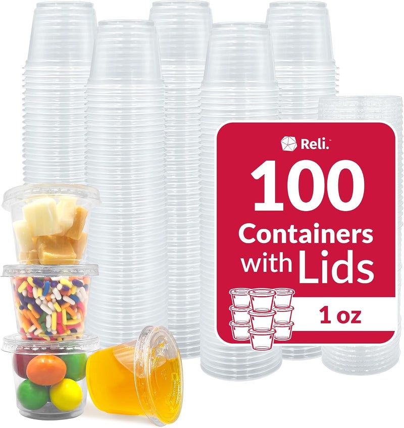 Reli. 1 oz Condiment Containers with Lids (100 sets) | Ideal for Sauce, Souffle, Samples, Jello Shot Cups | Disposable, BPA-Free Plastic | Small Containers 1oz, Bulk - Image 1