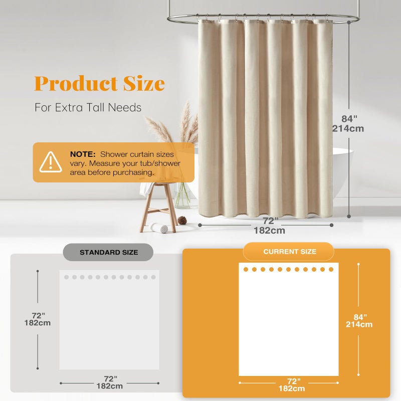 BTTN Extra Long Fabric Shower Curtain, 84 Inch Linen Textured Heavy Duty Cloth Shower Curtain Set with 12 Plastic Hooks, Large Hotel Luxury Polyester Shower Curtains for Bathroom(72"x84", Beige/Cream) - Image 3