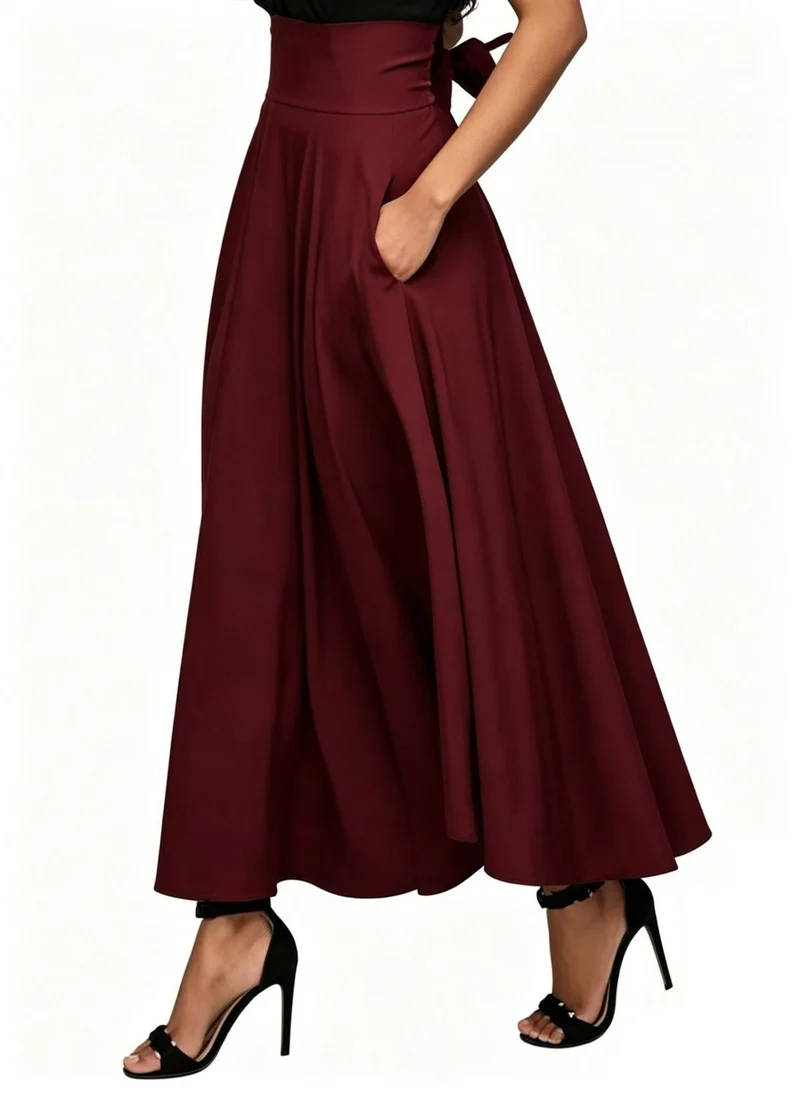 Take Two Burgundy A-Line Maxi Skirt with Bow Tie Detail