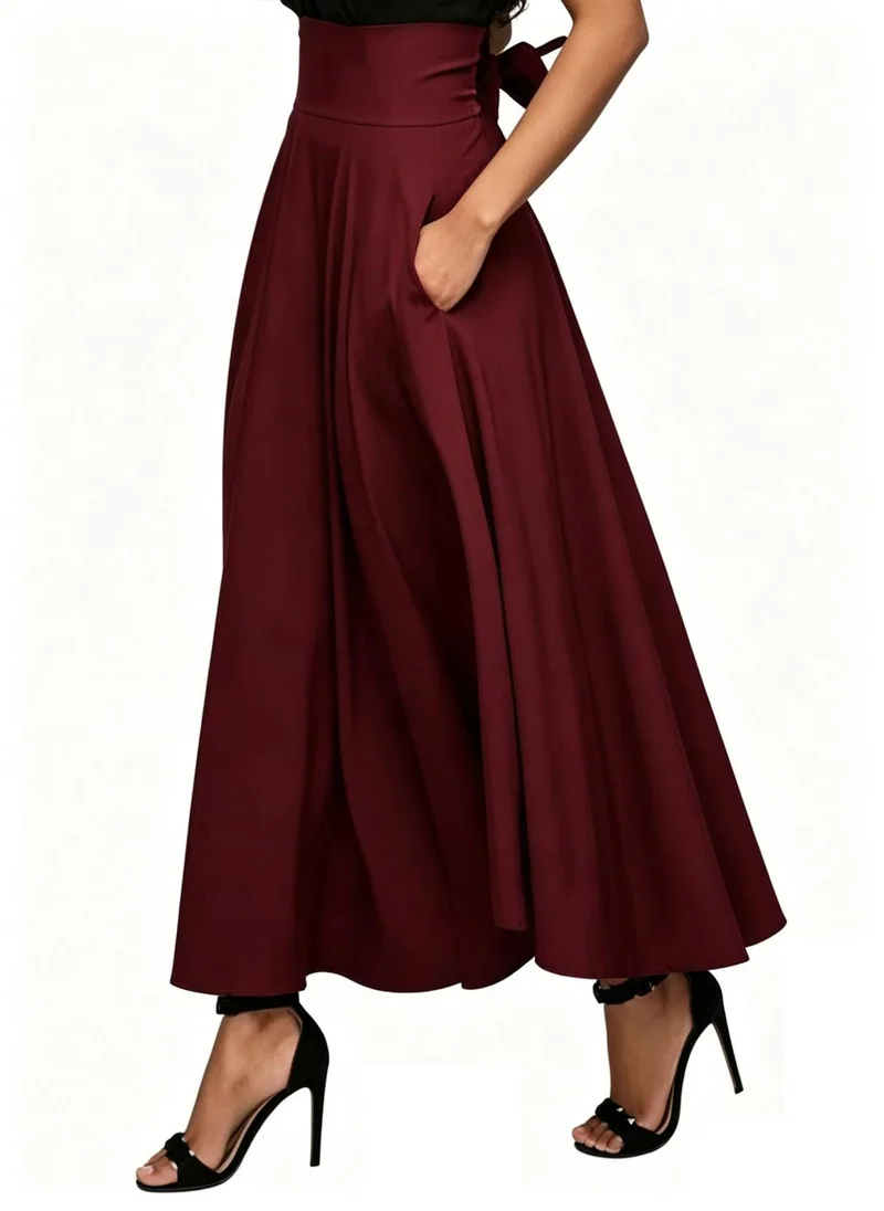 Take Two Burgundy A-Line Maxi Skirt with Bow Tie Detail