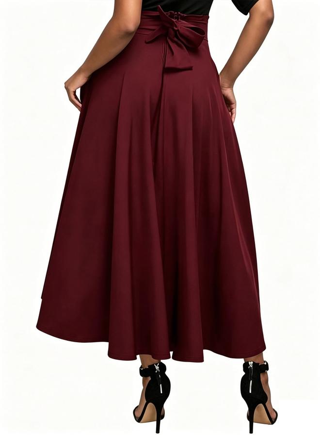 Take Two Burgundy A-Line Maxi Skirt with Bow Tie Detail - Image 3