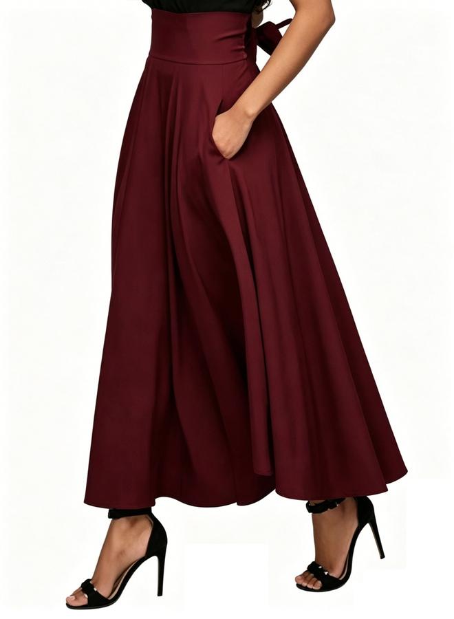 Take Two Burgundy A-Line Maxi Skirt with Bow Tie Detail - Image 1