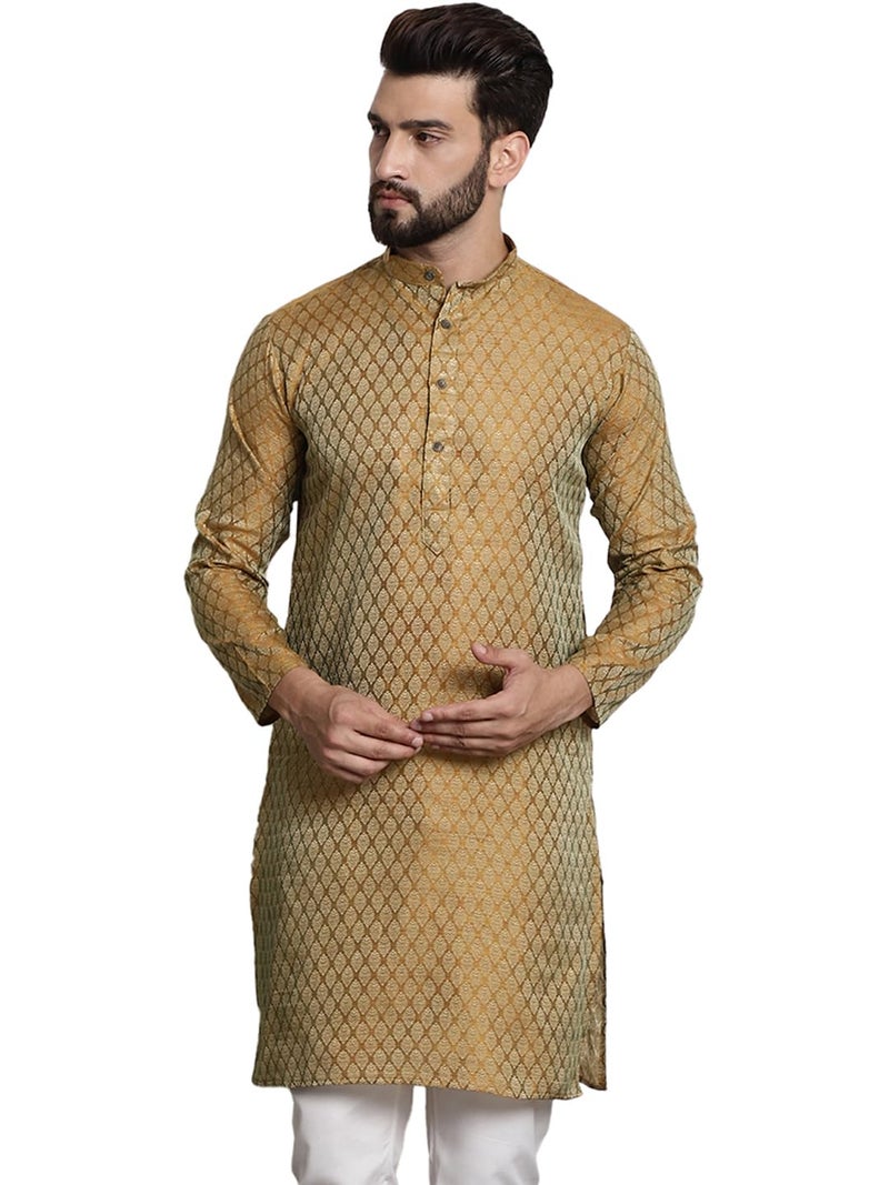 SOJANYA Men's (Since 1958) Silk Blend Mustard Color Self Design only Long Kurta - Image 1