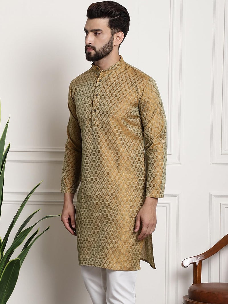 SOJANYA Men's (Since 1958) Silk Blend Mustard Color Self Design only Long Kurta - Image 3