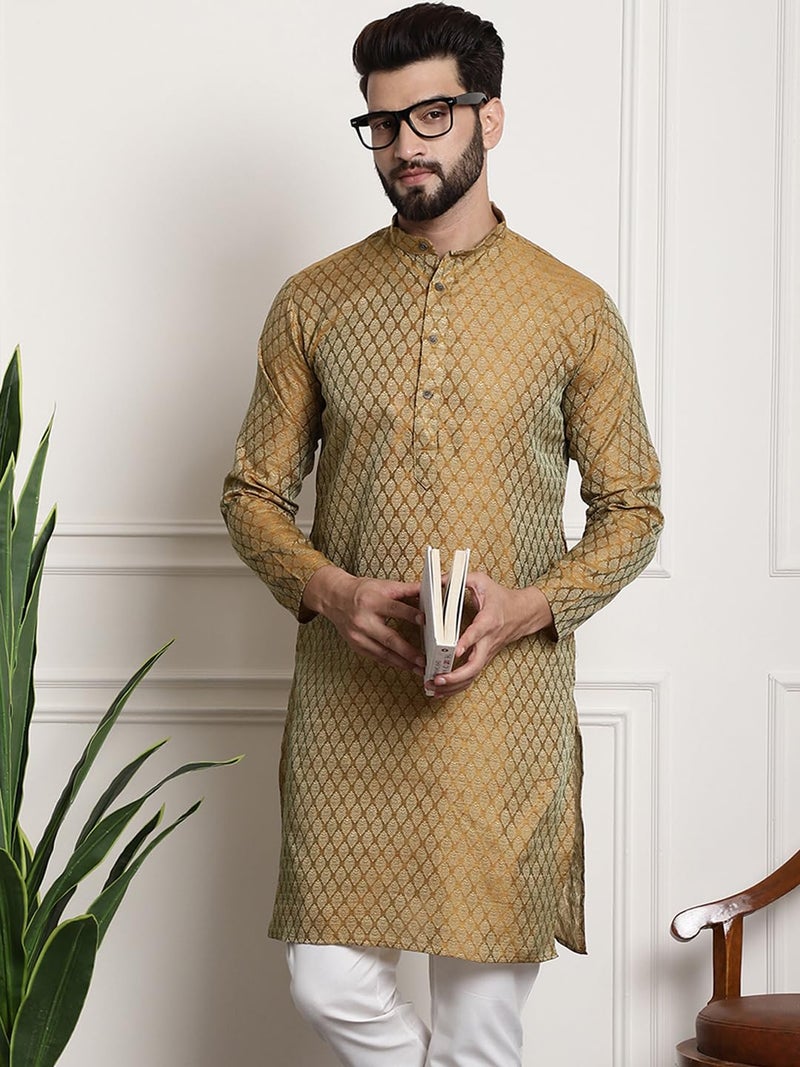SOJANYA Men's (Since 1958) Silk Blend Mustard Color Self Design only Long Kurta - Image 2