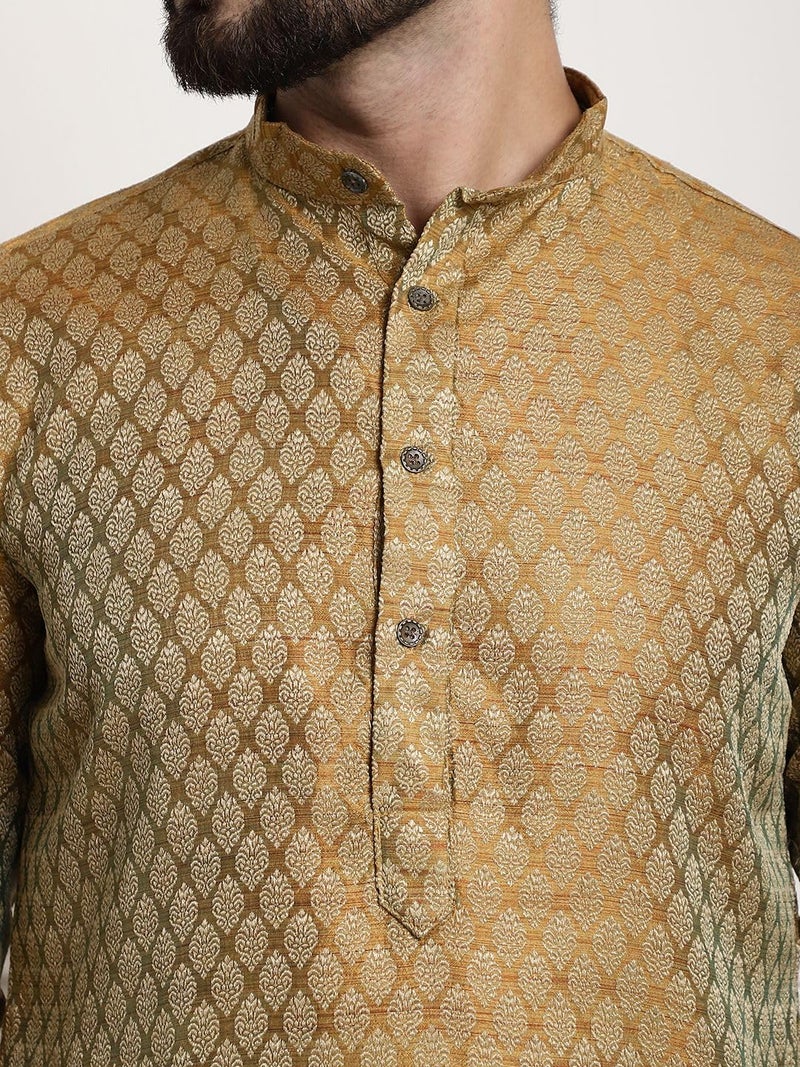 SOJANYA Men's (Since 1958) Silk Blend Mustard Color Self Design only Long Kurta - Image 5