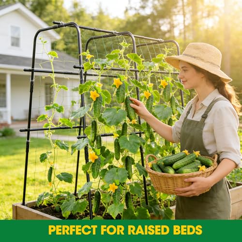 MQUPIN Cucumber Trellis for Raised Bed and Garden, 47" H x 47" W U-Shaped Metal Garden Trellis for Climbing Plants with Nylon Netting, Vegetable Support Frame - Image 4