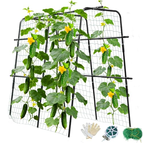 MQUPIN Cucumber Trellis for Raised Bed and Garden, 47" H x 47" W U-Shaped Metal Garden Trellis for Climbing Plants with Nylon Netting, Vegetable Support Frame - Image 1