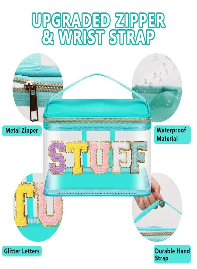 Iqimott حقيبة مكياج شفافة من إكيموت للنساء للسفر، حقيبة تخزين تواليت من النايلون وPVC مع حروف لامعة، حقيبة تنظيم شفافة مقاومة للماء مع سحاب ومقبض (أغراض، أخضر) - Image 3