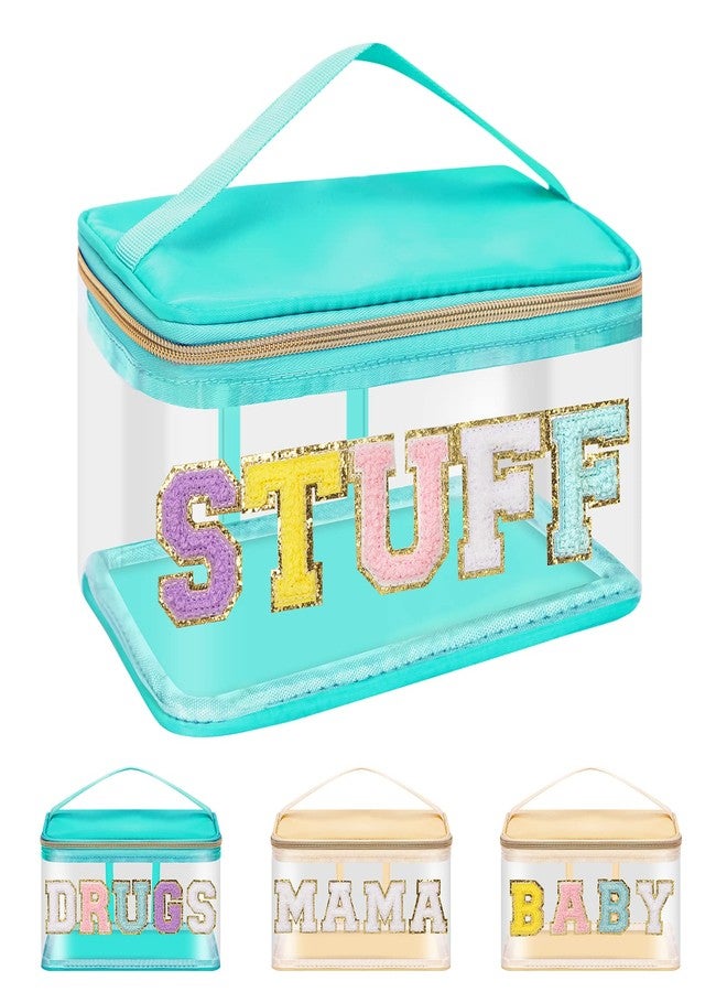 Iqimott حقيبة مكياج شفافة من إكيموت للنساء للسفر، حقيبة تخزين تواليت من النايلون وPVC مع حروف لامعة، حقيبة تنظيم شفافة مقاومة للماء مع سحاب ومقبض (أغراض، أخضر) - Image 1