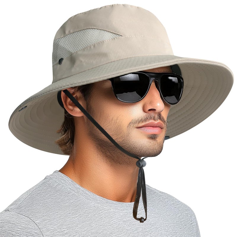 PFFY Sun Bucket Hats for Men Women 3â€ Wide Brim UPF 50+ Fishing & Beach Hat Beige - Image 1