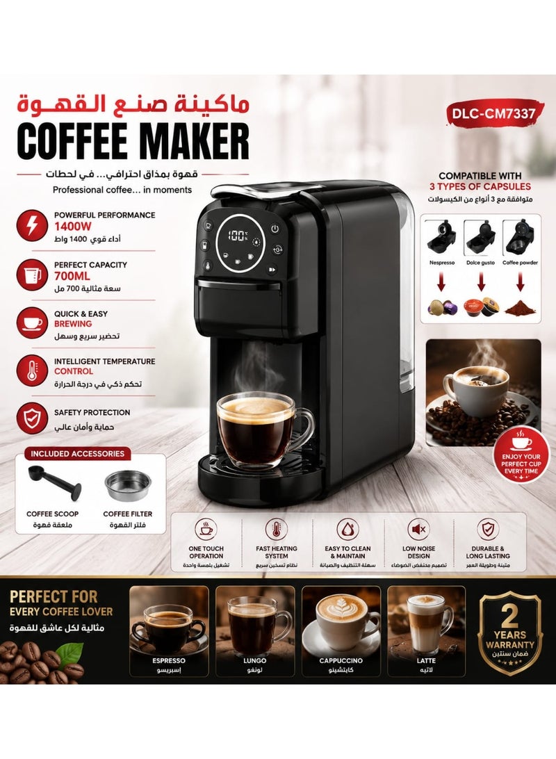 ماكينة تحضير القهوة بالكبسولات 3 في 1 بقوة 1400 واط – متوافقة مع كبسولات Nespresso® وDolce Gusto® والقهوة المطحونة | خزان مياه سعة 700 مل | الموديل DLC-CM7337 - Image 1