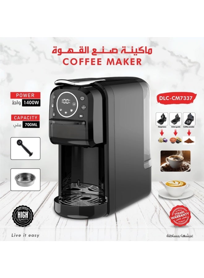 ماكينة تحضير القهوة بالكبسولات 3 في 1 بقوة 1400 واط – متوافقة مع كبسولات Nespresso® وDolce Gusto® والقهوة المطحونة | خزان مياه سعة 700 مل | الموديل DLC-CM7337 - Image 2
