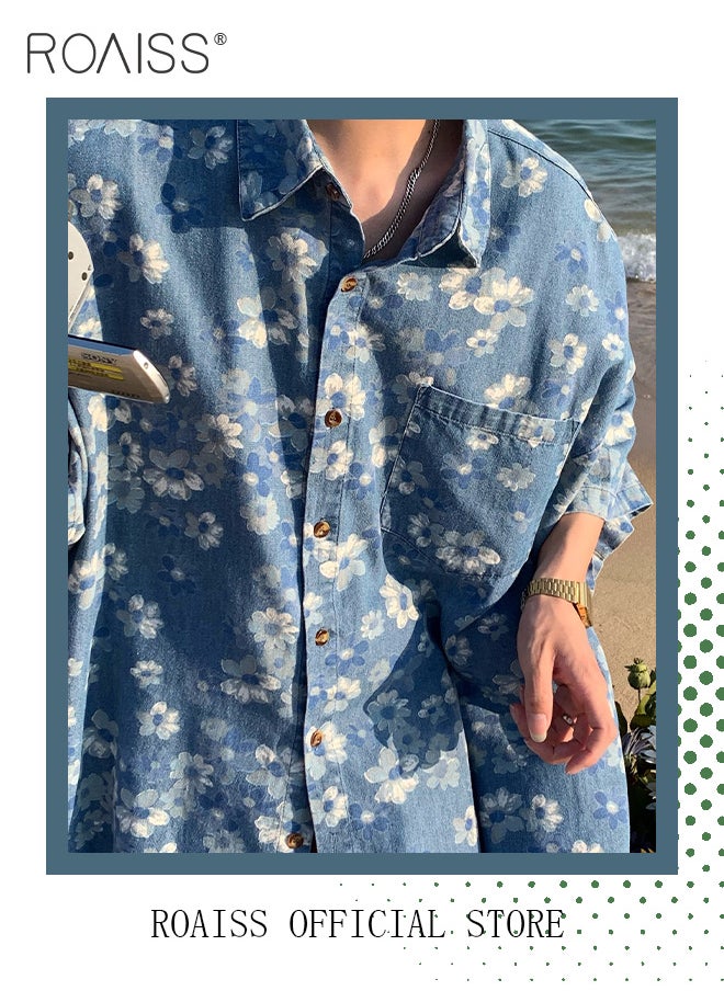 Denim Short Sleeved Shirt for Men and Women with Flower Printed Washed Distressed Loose Beach Shirts Personalized Breathable Top - pzsku/Z302817487FBAFF9157F6Z/45/_/1715223439/8463796a-6d74-4b75-b46d-8003a0a18854