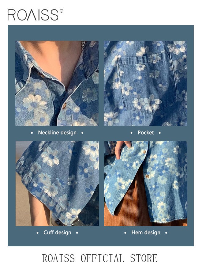 Denim Short Sleeved Shirt for Men and Women with Flower Printed Washed Distressed Loose Beach Shirts Personalized Breathable Top - pzsku/Z302817487FBAFF9157F6Z/45/_/1715223441/801a2964-917d-4bd9-806c-ce7ac46dbc0f