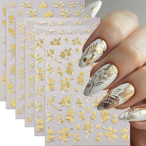 Quezadyl 6Pcs Gold Nail Art Stickers 3D Metallic Flower Leaf Nails Decals Leaf Nails Decals Flower Butterfly Leaves Nail Design Summer Nails Supplies Hibiscus Floral Nail Accessories for Women DIY Nail Art - Image 1