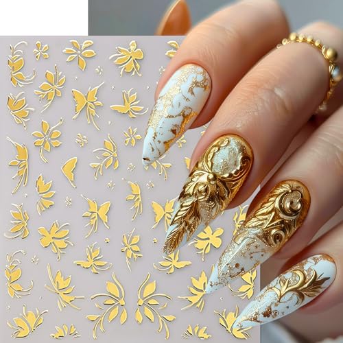 Quezadyl 6Pcs Gold Nail Art Stickers 3D Metallic Flower Leaf Nails Decals Leaf Nails Decals Flower Butterfly Leaves Nail Design Summer Nails Supplies Hibiscus Floral Nail Accessories for Women DIY Nail Art - Image 3