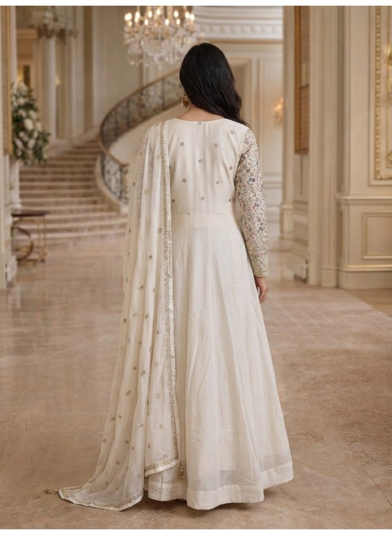 ANAITA Cream Georgette Free Size Stitched Anarkali Suit with Embroidery &Sequence Work - Image 3
