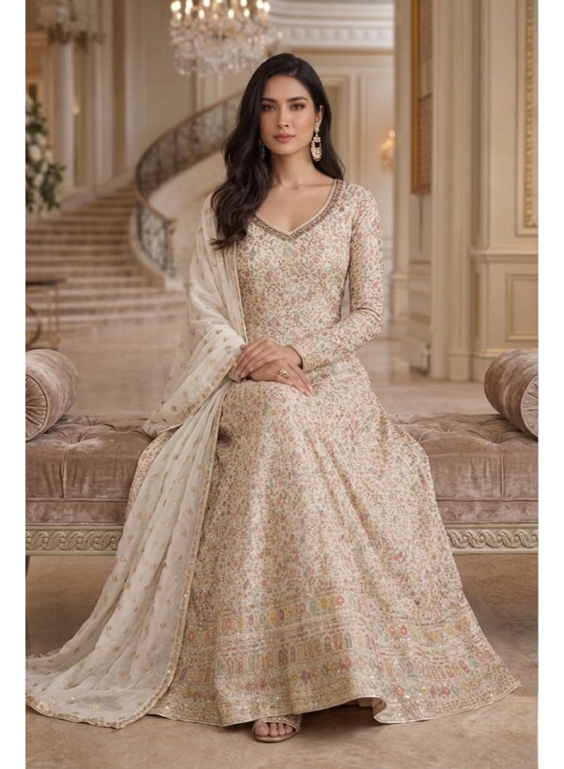 ANAITA Cream Georgette Free Size Stitched Anarkali Suit with Embroidery &Sequence Work - Image 2