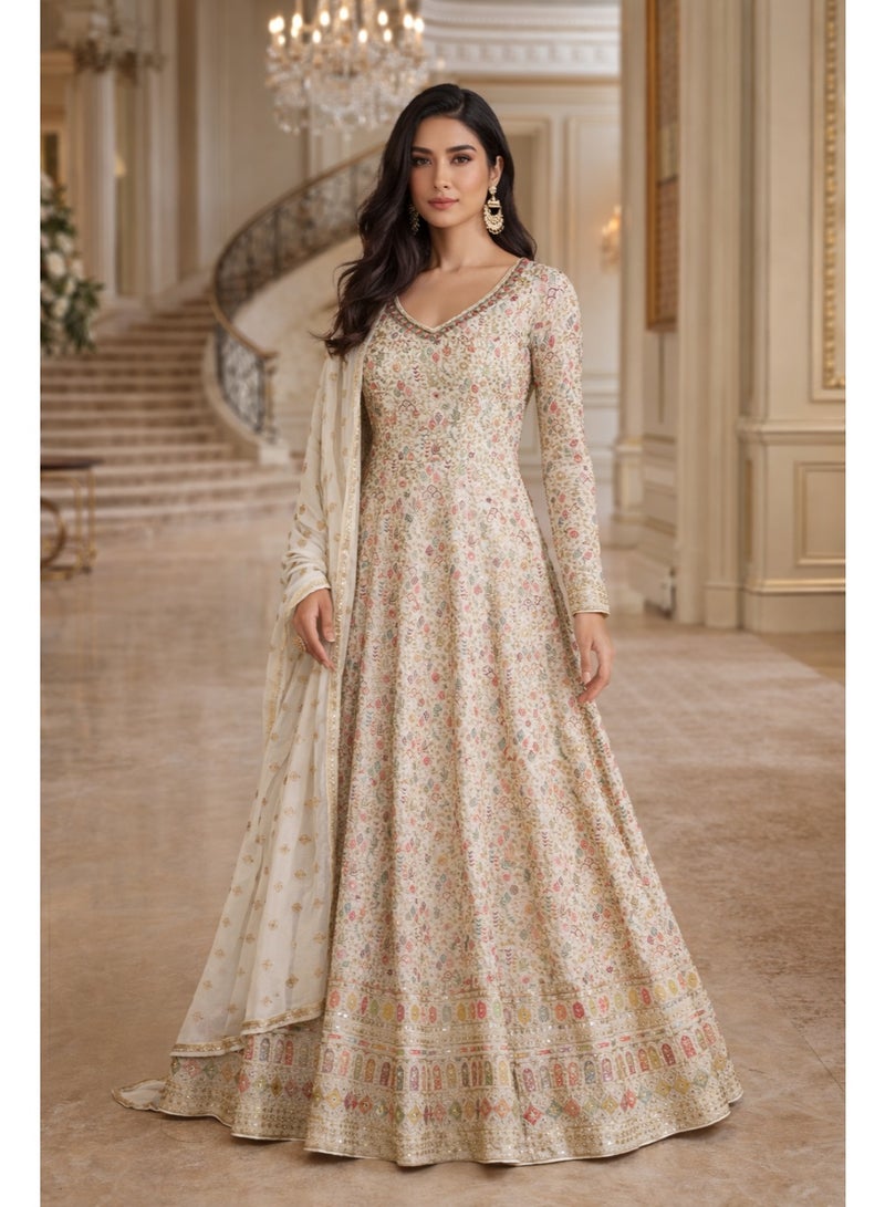 ANAITA Cream Georgette Free Size Stitched Anarkali Suit with Embroidery &Sequence Work - Image 1