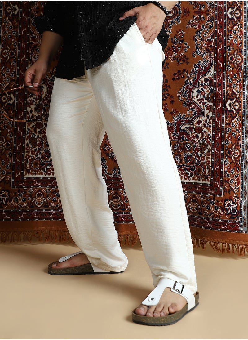 Instafab Plus Instafab Plus Men's Cream White Crinkle Cigarette Trousers For Casual Wear | Mid-Rise | Regular Fit | Button Closure | Plus Size Trousers Crafted With Comfort Fit For Everyday Wear  - Image 1