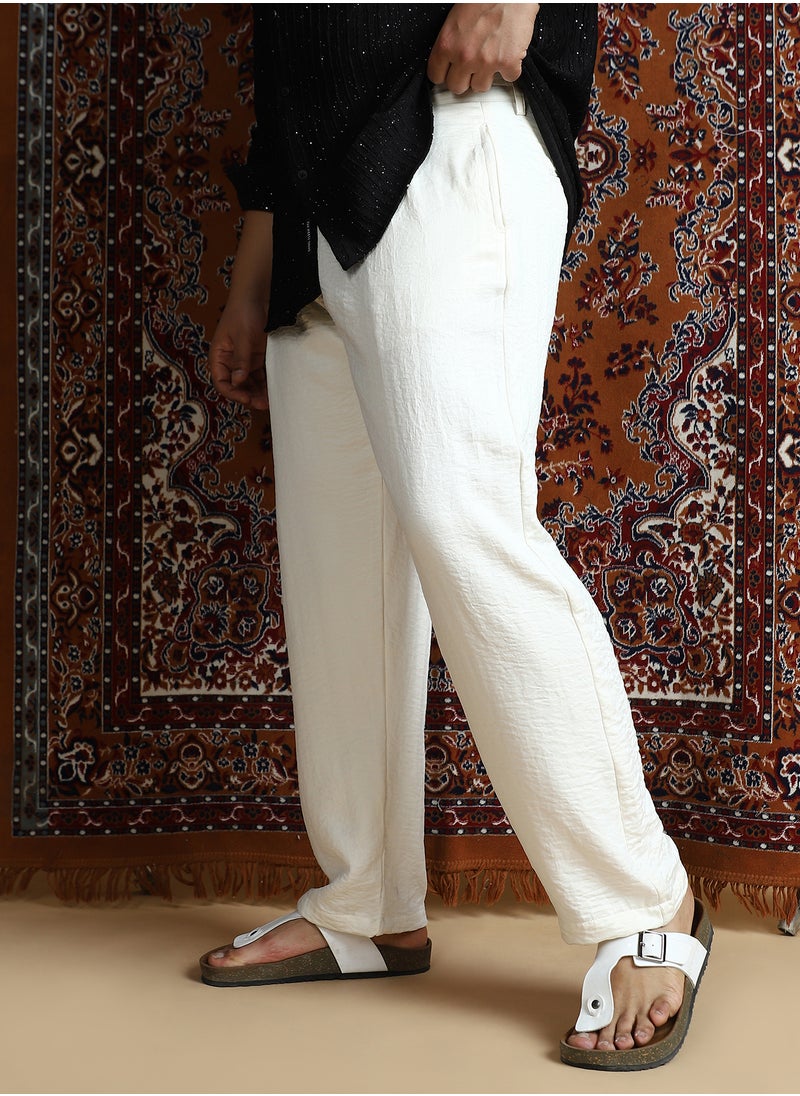 Instafab Plus Instafab Plus Men's Cream White Crinkle Cigarette Trousers For Casual Wear | Mid-Rise | Regular Fit | Button Closure | Plus Size Trousers Crafted With Comfort Fit For Everyday Wear  - Image 3