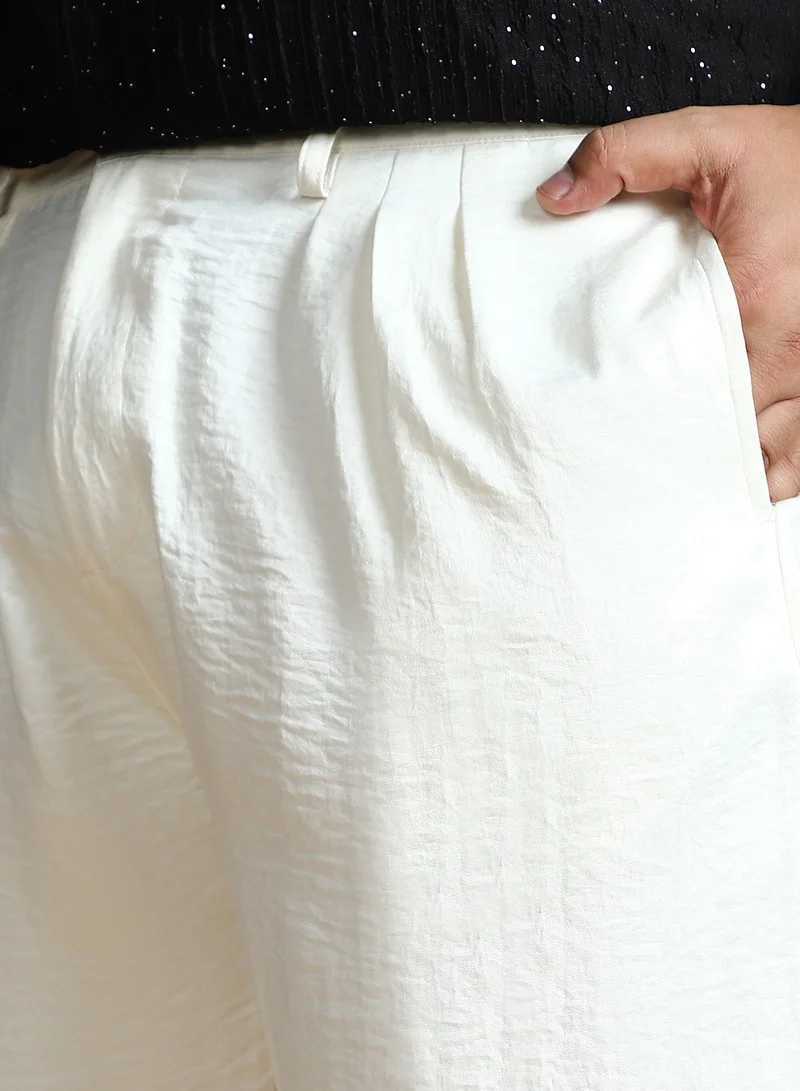 Instafab Plus Instafab Plus Men's Cream White Crinkle Cigarette Trousers For Casual Wear | Mid-Rise | Regular Fit | Button Closure | Plus Size Trousers Crafted With Comfort Fit For Everyday Wear