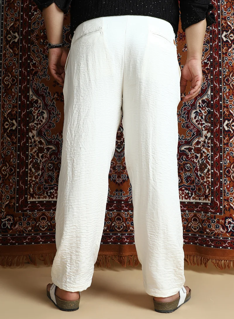 Instafab Plus Instafab Plus Men's Cream White Crinkle Cigarette Trousers For Casual Wear | Mid-Rise | Regular Fit | Button Closure | Plus Size Trousers Crafted With Comfort Fit For Everyday Wear