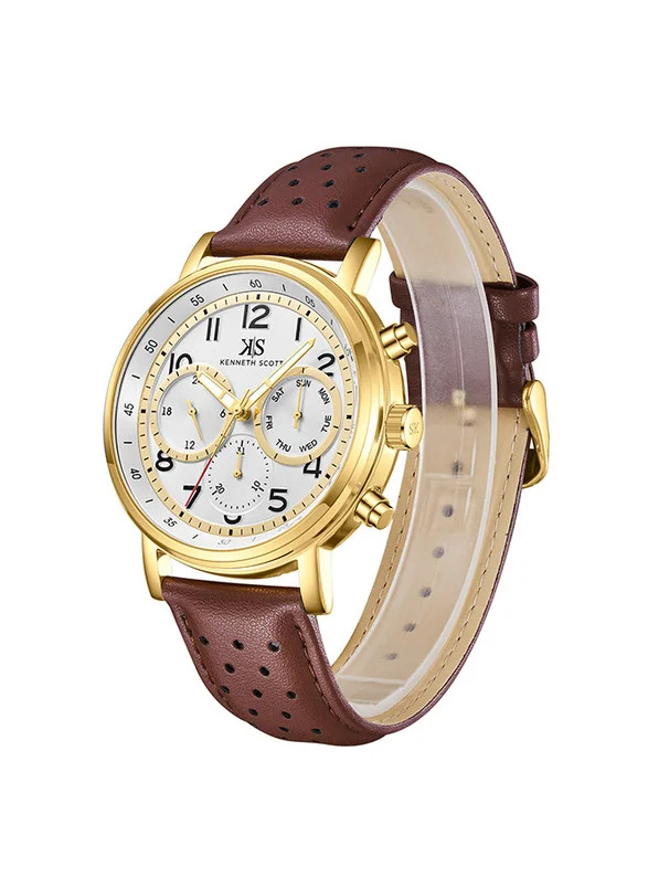 KENNETH SCOTT Kenneth Scott K24119-GLDW Men's Analog Display Watch & Leather  Strap Brown