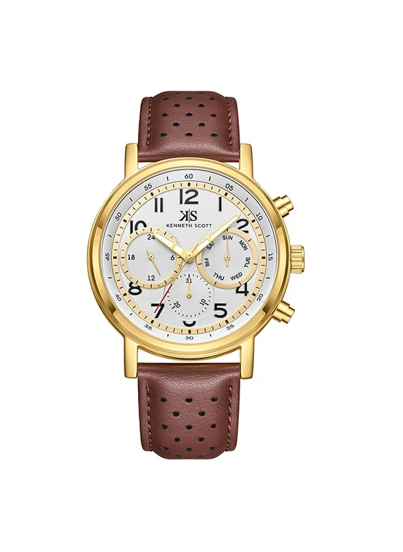 KENNETH SCOTT Kenneth Scott K24119-GLDW Men's Analog Display Watch & Leather  Strap Brown