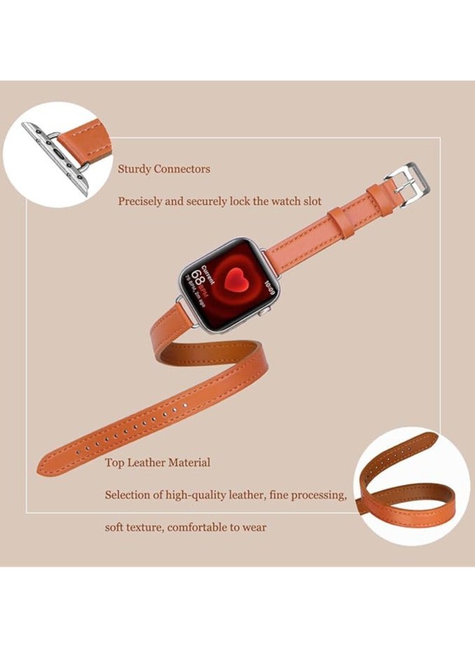 Leather Watch Band Strap Compatible for Apple Watch Series Band 38mm 40mm 41mm 42mm women, Genuine Leather Double Tour Designed Slim Replacement Strap for iWatch Series10 9 8 7 6 SE, Orange Color  - Image 2