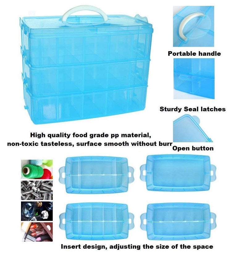 KRYLAR-30 grid 3 layer plastic box for jewellery cells multipurpose plastic storage box with removable dividers for medicine pills, jewelry, pins, screws, cosmetics, stationery items,color-blue. - Image 4