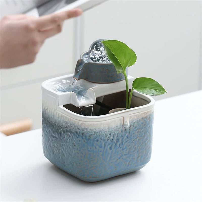 Ceramic Tabletop Fountain with Ball for Indoor Table Desk Office Patio Blue