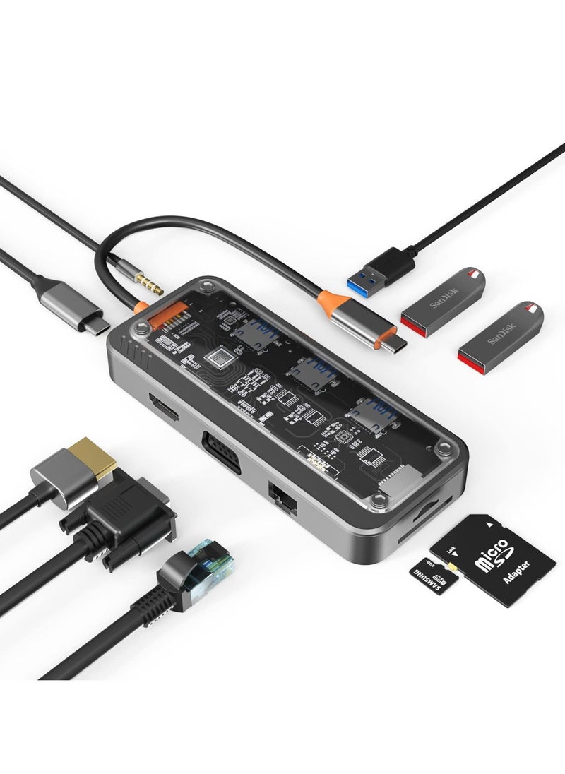 USB C HUB, 10-in-1 Adapter Docking Station with 4K HDMI, VGA, Type PD, USB3.0, RJ45 Ethernet, SD/TF Card Reader, 3.5mm AUX, Multiport for MacBook Pro/Air, XPS, Devices