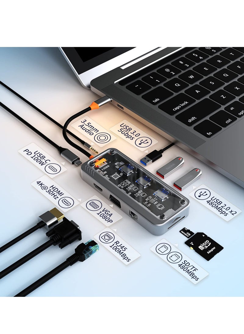 USB C HUB, 10-in-1 Adapter Docking Station with 4K HDMI, VGA, Type PD, USB3.0, RJ45 Ethernet, SD/TF Card Reader, 3.5mm AUX, Multiport for MacBook Pro/Air, XPS, Devices