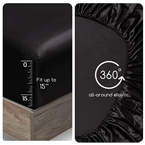 MR&HM Satin Sheets King Size with Elastic Corner Straps, 4-Piece Silky Bedding Set, Deep Pocket 15 Inches, Good for Hair & Skin (King, Black) - Image 5
