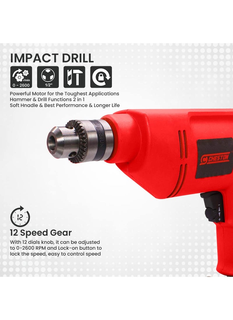 CHESTON - Cheston 10 mm Drill Machine Set 400W Drill Kit with 13 HSS Bit All Different Surfaces 1 WallBrick Bit with Black Tool Box Drill For Wall Wood Metal Sheets Variable Speed ReverseForward function 2600 RPM Electrical Power Tool Kit For Multipurpose Use - Image 1