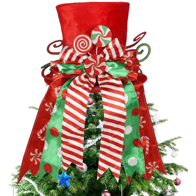 yofit Christmas Tree Topper Hat Large Red Hat with Striped Bow Ribbon  Lollipop Christmas Tree Decorations Top Hat Desktop Ornaments for Home Xmas Holiday Winter Decor