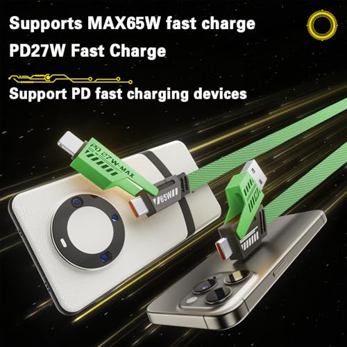 Gartmost 2Pack 4 in 1 Fast Charging Cable, Transferring Data, 6.65 Ft, Braided Cable 65W, USB C USB A and IP, Multiple Charging Cable Compatible with iPhone 17/16/15/14/13/12/11/X/9/8, Pad/More (Green) - Image 4